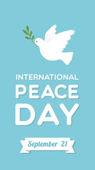 International Peace Day with dove and olive branch. Vector illustration, flat design