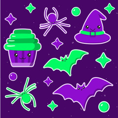 Cute kawaii patterns for Halloween with bats, cupcake, spiders and stars, made in purple and acid green.