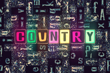 The word Country as neon glowing unique typeset symbols, luminous letters for world, state, city, people, government