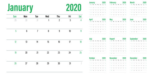 Calendar planner 2020 template vector illustration all 12 months week starts on Sunday and indicate weekends on Saturday and Sunday