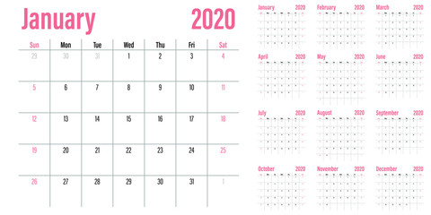 Calendar planner 2020 template vector illustration all 12 months week starts on Sunday and indicate weekends on Saturday and Sunday