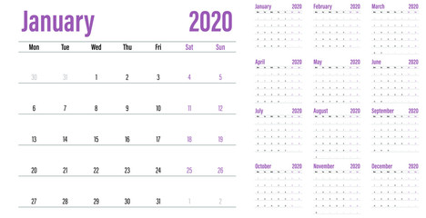 Calendar planner 2020 template vector illustration all 12 months week starts on Monday and indicate weekends on Saturday and Sunday