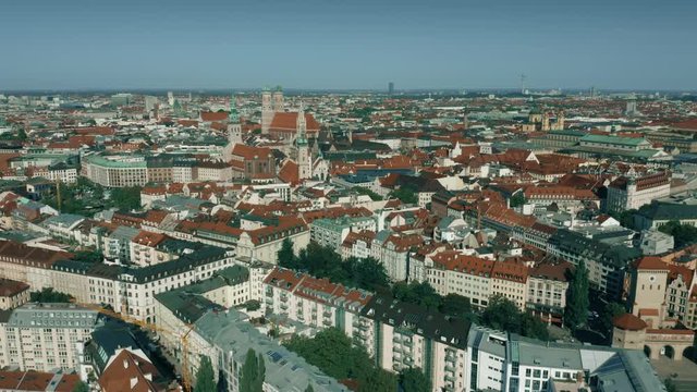 Aerial establishing shot of the city of Munich, Germany