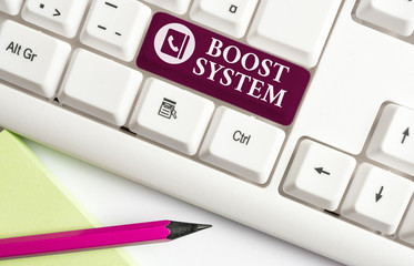 Word writing text Boost System. Business photo showcasing Rejuvenate Upgrade Strengthen Be Healthier Holistic approach White pc keyboard with empty note paper above white background key copy space