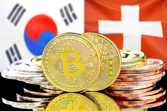 Bitcoins on South Korea and Switzerland flag background