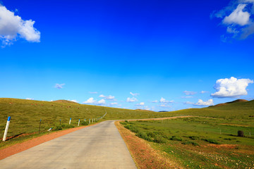 The asphalt road is on the prairie