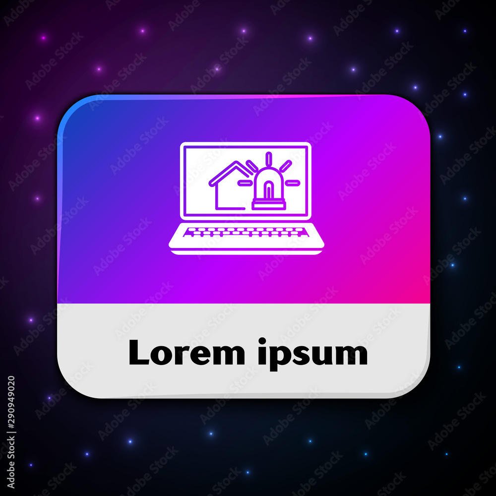 Poster white laptop with smart house and alarm icon isolated on black background. security system of smart 