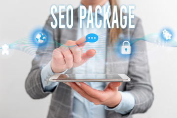 Handwriting text Seo Package. Conceptual photo practice of search engine optimization increase amount visitors Female human wear formal work suit presenting presentation use smart device