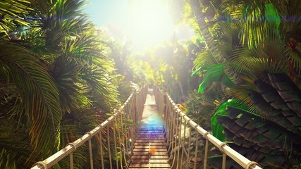 Naklejki  Drewniany most nad zieloną dżunglą. Zielone drzewa dżungli i palmy z błękitnym niebem i jasnym słońcem. Renderowanie 3D