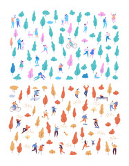 Autumn and summer vector park background. Various people at park. Seasons changing. Leisure outdoor activities - walking, playing with ball, jogging, reading, picnic lunch in park. Flat Cartoon style.