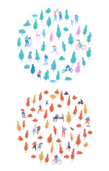 Autumn and summer vector park background. Various people at park. Seasons changing. Leisure outdoor activities - walking, playing with ball, jogging, reading, picnic lunch in park. Flat Cartoon style.