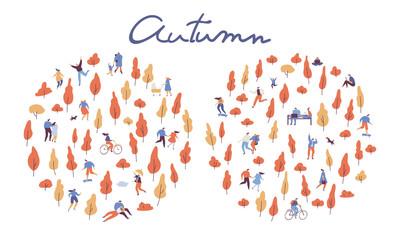 Autumn landscape. Various people at autumn park background. Leisure outdoor activities - walking dog, playing with ball, jogging, reading, picnic. Cartoon style flat vector illustration.