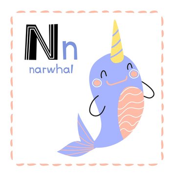 Alphabet letter N for Narwhal for teaching kids to read and spell with upper and lower case letters, educational vector