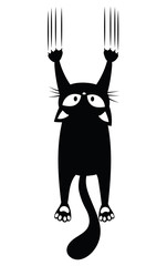 Black cat scratching the wall. Silhouette of cartoon cat climbing the wall. Vector illustration of a pet for kids. Tattoo. © Igor