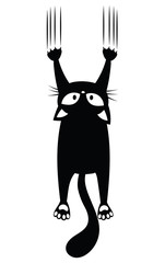 Black cat scratching the wall. Silhouette of cartoon cat climbing the wall. Vector illustration of a pet for kids. Tattoo.