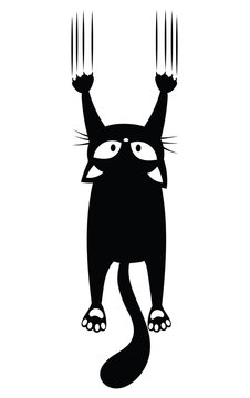 Black cat scratching the wall. Silhouette of cartoon cat climbing the wall. Vector illustration of a pet for kids. Tattoo.
