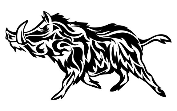 Running wild boar. Black and white vector illustration of a stylized boar. Drawing of a wild animal for hunting. Tattoo.