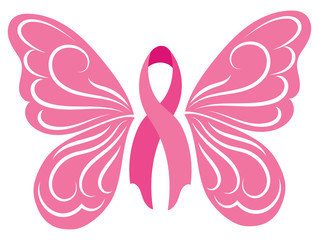 Pink ribbon with butterfly wings. Breast Cancer Awareness Ribbon. Vector illustration for breast health.