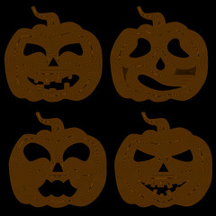 Halloween pumpkin with various expressions, silhouette of orange lines on a black background, vector illustration