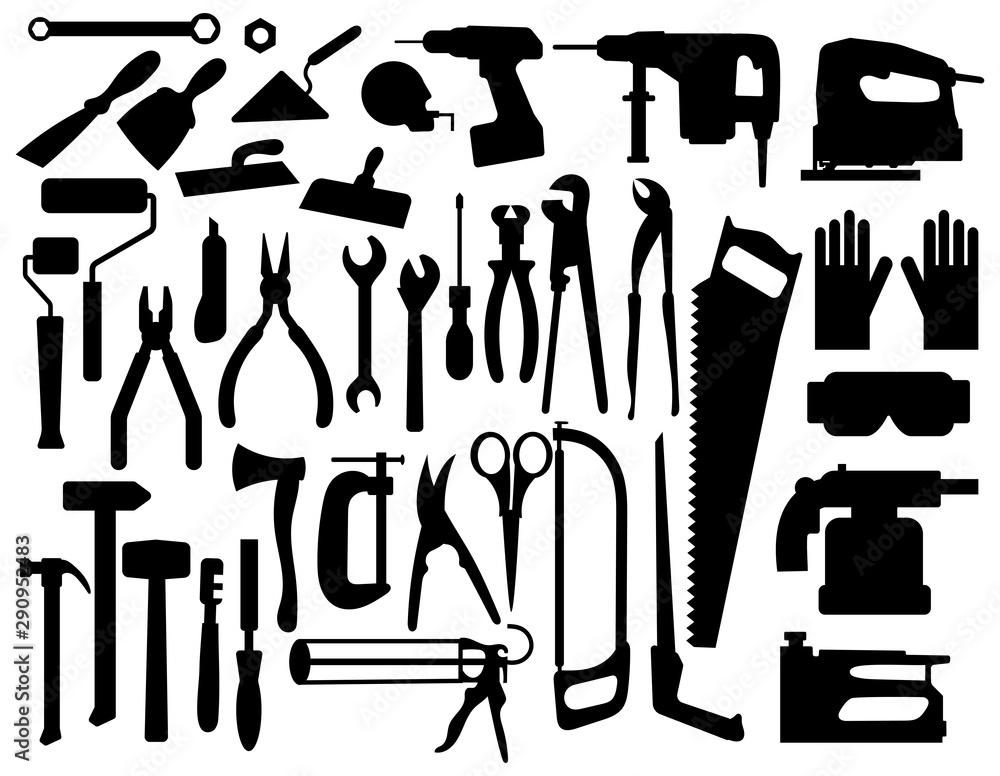 Wall mural set of building tools silouettes. collection of appliances and power tools for builders. black-white