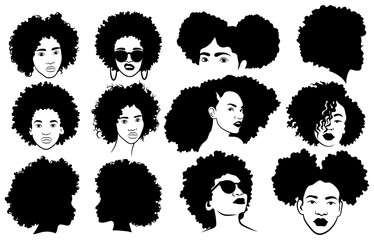 Set of female afro hairstyles. Collection of dreads and afro braids for a girl. Black and white illustration for a hairdrymaker. - obrazy, fototapety, plakaty