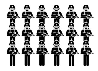 A group of soldiers stand in line. People Figure Pictogram Icons. The military icons.