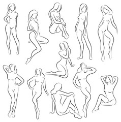 Set of female figures. Collection of outlines of young girls. Stylized slender body. Linear Art. Black and white vector illustration. Contour of a slender figure.
