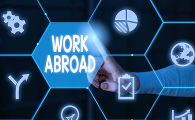 Word writing text Work Abroad. Business photo showcasing Immersed in a foreign work environment Job Overseas Non Local Male human wear formal work suit presenting presentation using smart device