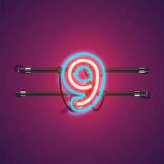 Realistic glowing double neon charcter from a fontset, vector illustration