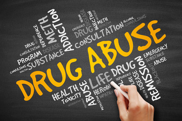 Drug Abuse word cloud on blackboard, health concept background