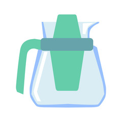 Vector, colored illustration of glass teapot with infuser. Topics of food and drink, cooking, objects