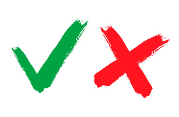 Tick and cross signs. Green checkmark OK and red X icons, isolated on white background. Simple marks graphic design.