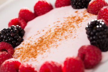 raspberries and blackberries laid out on a white plate in circle with yogurt and cinnamon