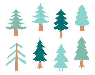 Collection of Christmas trees, modern flat design. Pine tree, park vector green icons set. Silhouette on the white background.