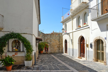 A narrow street between squares, monuments and colorful buildings in the town of Isernia, in Italy