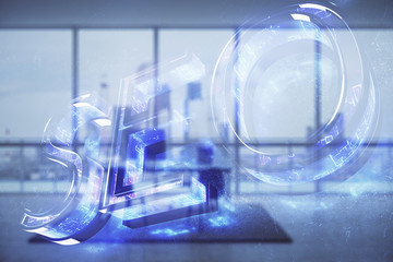 Seo sign hologram with minimalistic cabinet interior background. Double exposure. Search engine concept.