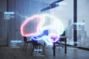Brain sign hologram with minimalistic cabinet interior background. Double exposure. Study concept.