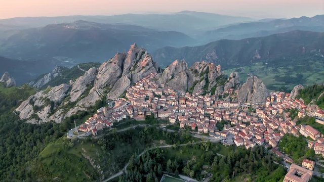 Aerial shot of small cozy mountain town Pietrapertosa located in Dolomiti lucane mountains in Basilicata region in the southern Italy