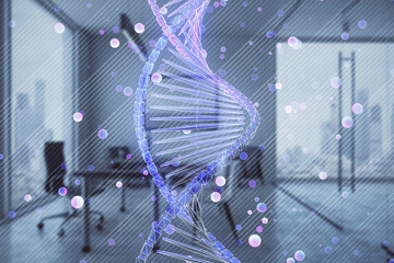 DNA hologram with minimalistic cabinet interior background. Double exposure. Education concept.