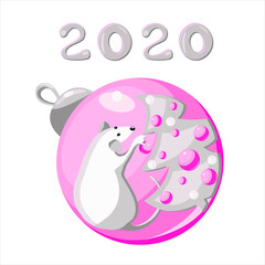 White metal rat decorates a Christmas tree. The symbol of Chinese New Year and Christmas 2020. Vector illustration. Christmas balls and numbers for the design of the background, cover