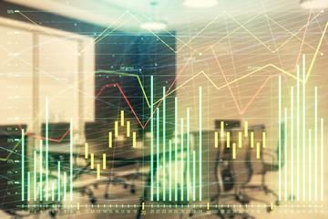 Double exposure of forex chart on conference room background. Concept of stock market analysis