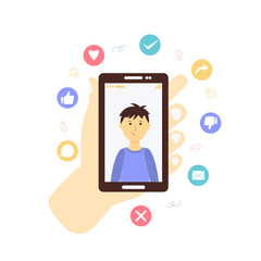 The guy, the man on the application screen in the smartphone. Mobile online communication technology concept, social networks. Virtual friendship. Vector flat illustration isolated on white background