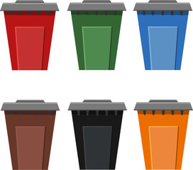 Vector set of flat illustrations of colorful trash cans isolated on a white background. Different colores for types of garbage.