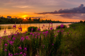 Beautiful sunset over the river. Relaxation and meditation concept