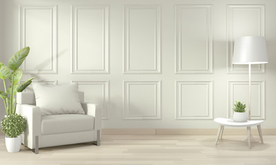 Empty modern contemporary room and design wall with molding, sofa armchair and decoration plants.3D...