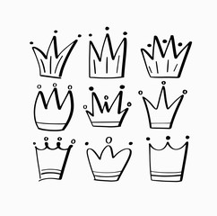Hand-drawn doodle style childlike crown icons set