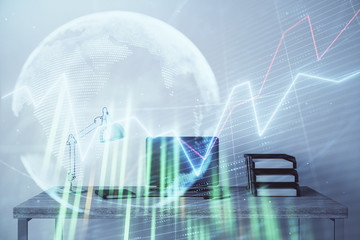 Stock market chart with globe hologram and desktop office computer background. Multi exposure. Concept of financial analysis.