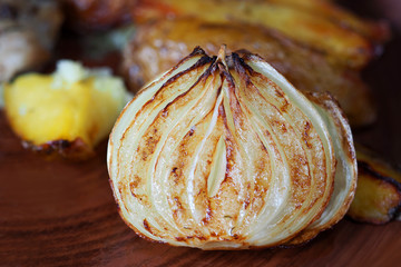 Grilled vegetables, half onions close-up