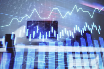 Stock market chart and desktop office computer background. Multi exposure. Concept of financial analysis.