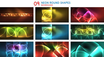 Set of round triangle composition backgrounds, abstract shiny motion in the black. Futuristic glowing neon banners